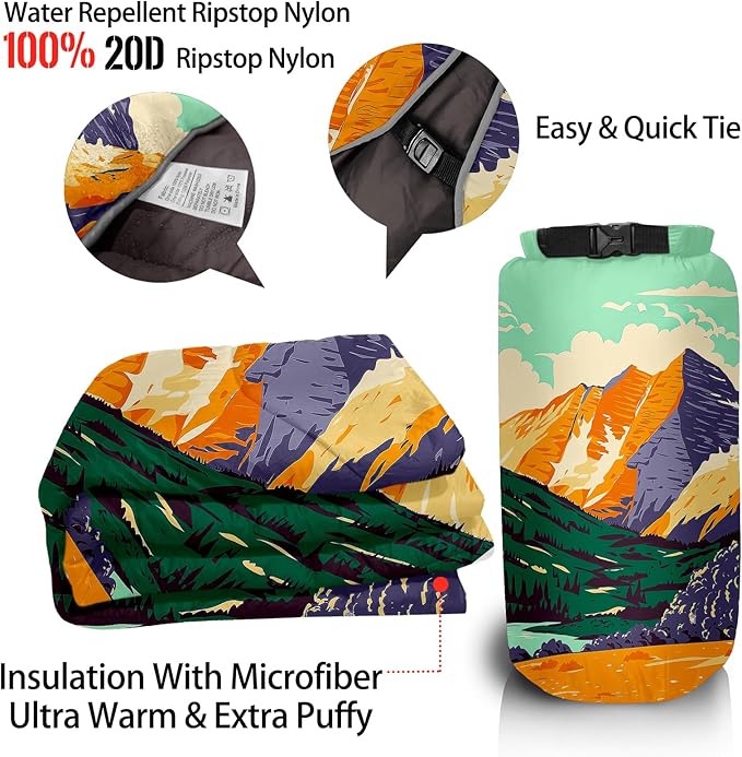 Outdoor Puffy Camping Blanket Lightweight Down Alternative Puffy Printed Camping Large Ultra Warm Hammock Top Quilt Waterproof Blanket for Traveling Picnic Beach Party Cold Weather (Peak)