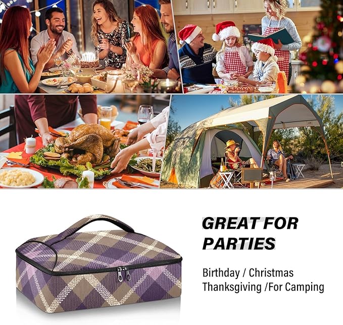 Casserole Carrier Purple and Brown Tartan Plaid Insulated Casserole Carrier for Hot or Cold Food Thermal Lunch Tote for Parties Picnic Travel Carry Bag