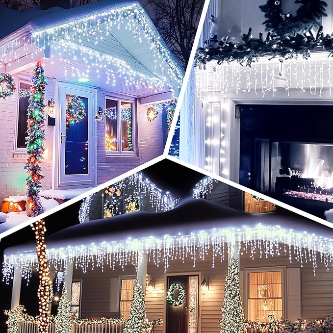 LED Icicle Lights for Outdoor Christmas Decorations118Ft 1200 LEDs Christmas Fairy Light with Timer&ampMemory Function8 Lighting ModesPlug in hanging Curtain Lights for Xmas Party(Cool White)