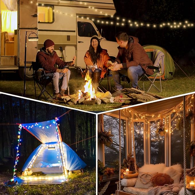 Solar Camping String Lights 4 in 1 Camping String Lights Outdoor(39.4ft) with 8 Lighting Modes Solar Powered and USB Rechargeable Light with Remote Control for Camping Yard and Hiking