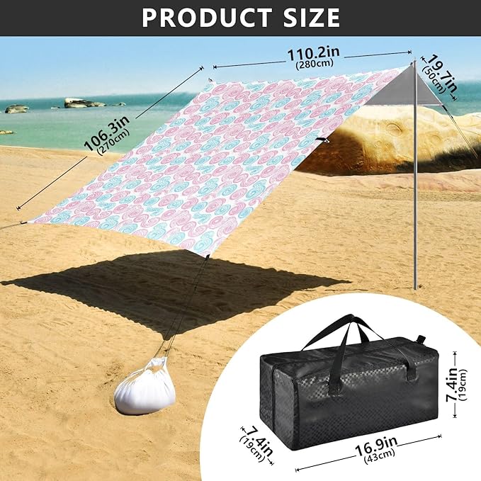 ALAZA Swirl Pink &amp Blue Beach Tent Sun Shelter UPF50+ Protection Beach Shade Canopy w/ 4 Sandbags for Outdoor Camping Fishing Backyard Fun Picnic 10x9 ft