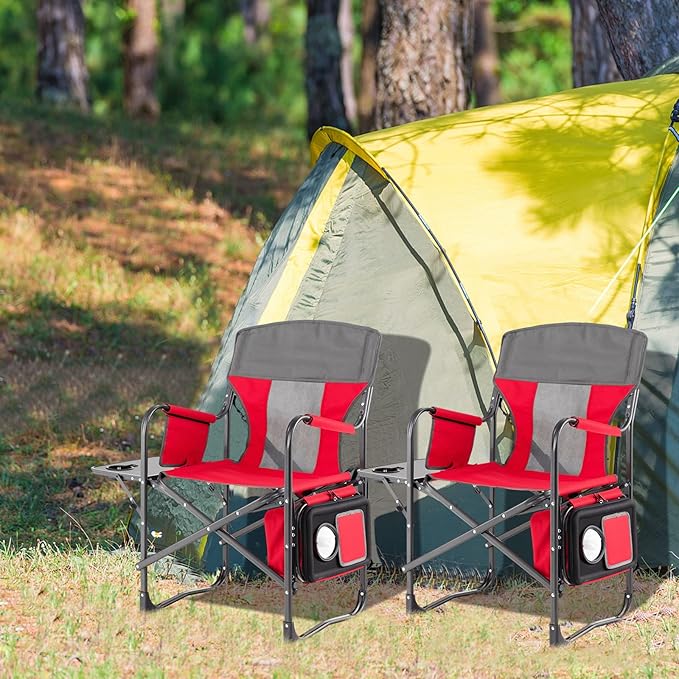 Tangkula Camping Chairs Folding Camp Chair with Side Table Cooler Bag Portable Outside Padded Lawn Chair for Travel Picnic Fishing Heavy Duty Oversized Director Chair for Adults Supports 400lbs