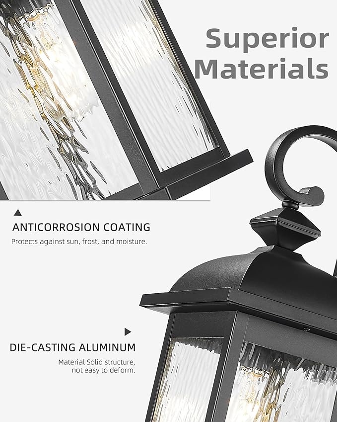FEMILA 21 Outdoor Wall Light Fixture Rust-Proof Waterproof Outdoor Wall Light Ideal for Porch Patio EntrywayGarage with Water Ripple Glass 4FD54B2 BK-WP