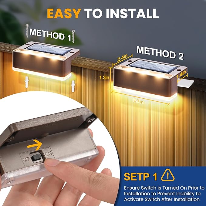 SOLPEX Solar Fence Lights Solar Deck Lights Outdoor Waterproof Solar Powered for Step Stair BalconyFront PorchGarden WalkwayYard Patio Decor IP65 Waterproof (12 Pack Warm White) 6 LEDs