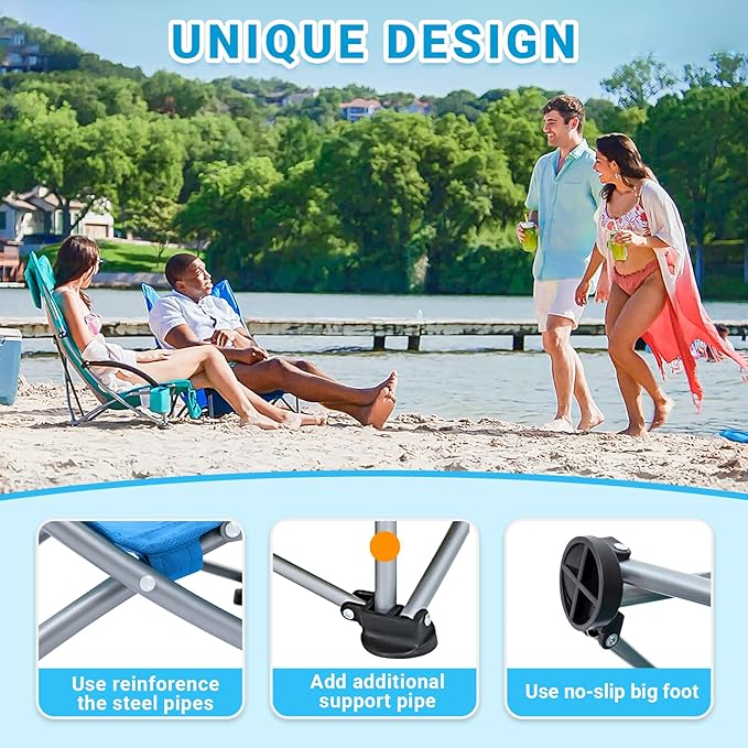 KingCamp Folding Beach Chair 2 Pack High Back Lightweight Portable Backpack Chair with Headrest Cup Holder for Camping Outdoor Sand Concert Lawn Festival Sports Blue
