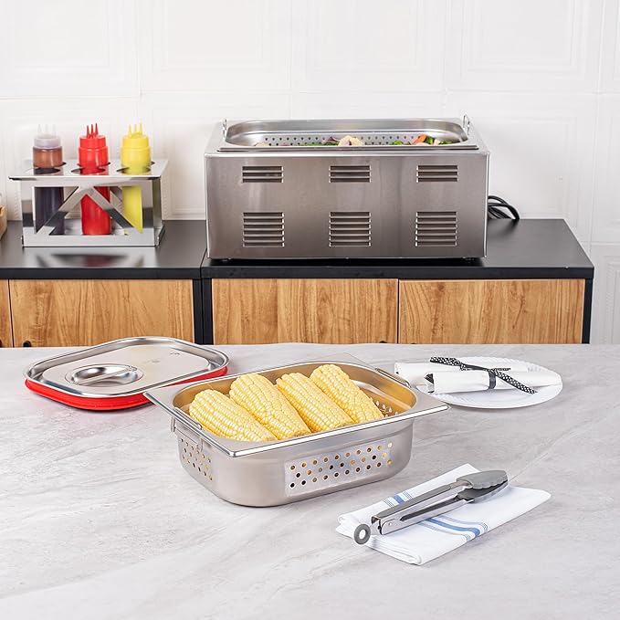 Restaurantware Perforated Steam Table Pan - Half Size - 4 Deep - Collapsible Handles - Anti Jam - Commercial Grade Stainless Steel - 1ct Box - Met Lux