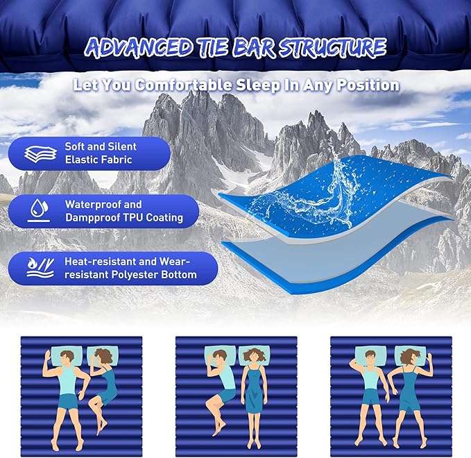 Double Camping Sleeping Pad Ultralight Waterproof Inflatable 2-Person Sleeping Mat with Inflation Bag Lightweight Portable Air Mattress for Outdoor Backpacking Hiking Car Traveling Tent (Navy)