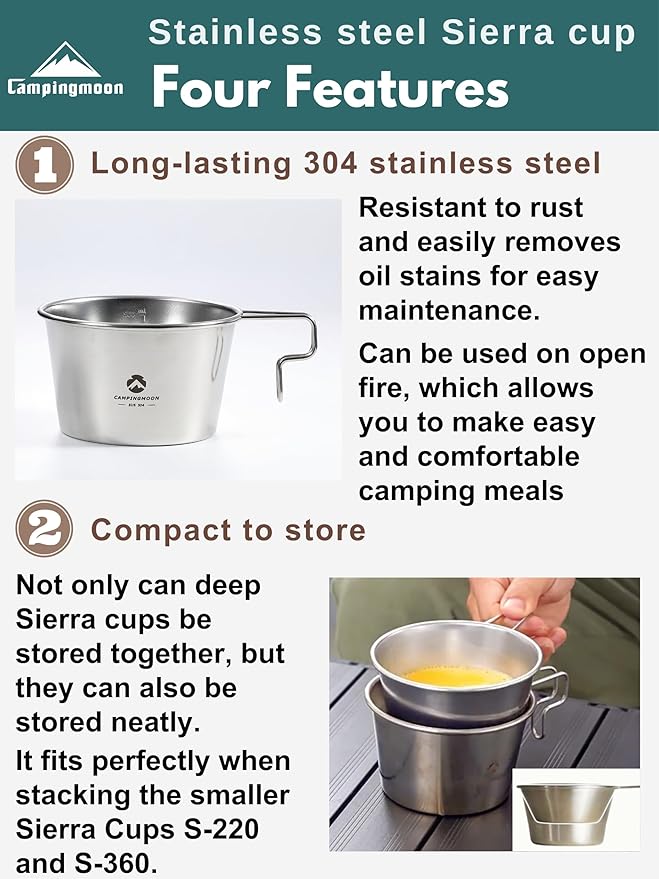 CAMPINGMOON 600ml (20oz) Stainless Steel Camping Mug Lightweight Outdoor Cooking Cup for Backpacking Hiking and Campfire Use (Silver (cup+lid))