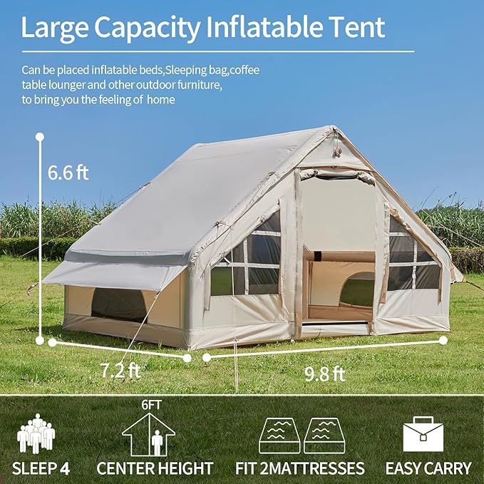 Inflatable Tents for Camping with Stove Jack 2/4/6/8 Person Easy Setup Blow Up Tents for 4 Seasons Waterproof Inflatable Camping Tent with Awning Air House Glamping Tents for Camping Adult