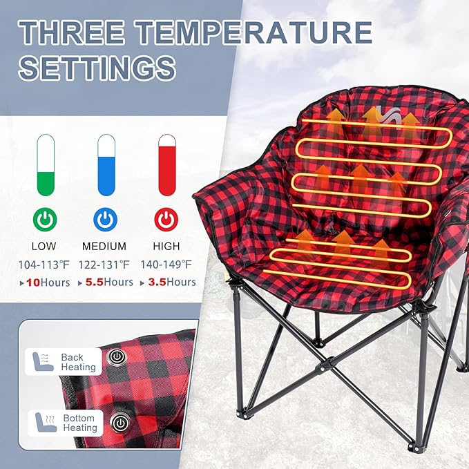 Slsy Heated Camping Chair Oversized Outdoor Portable Heated Folding Chair Heavy Duty 500 lbs Support Padded Seat for Outdoor Sports Camping Patio and Picnics