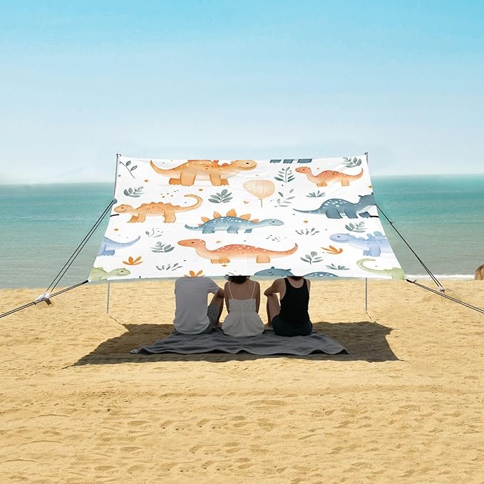 ALAZA Dinosaur Cartoon Dino Beach Tent Sun Shelter UPF50+ Protection Beach Shade Canopy w/ 4 Sandbags for Outdoor Camping Fishing Backyard Fun Picnic 10x9 ft