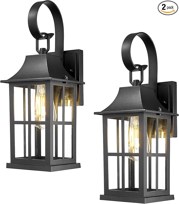 Emliviar 15.4 Wall Sconces Set of Two Outside Wall Light Fixtures with Clear Glass Matte Black Coach Lamps for Front Door YXE306B-2PK BK