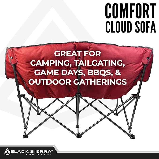 Black Sierra Double Camping Chair for Adults Oversized Folding Loveseat Supports 600 lbs Plush Padded Outdoor Couch with Cup Holders and Carry Bag for Beach Patio RV or Tailgating Events