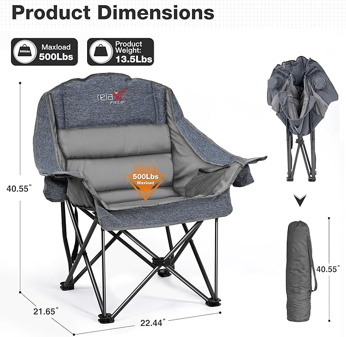 Oversized Camping Chair Portable Folding Padded Camp Chairs with Side Pocket Cup Holder Heavy Duty Support 500LBS Outdoor Lounge Chair for Adults Fishing Sports Trip Grey