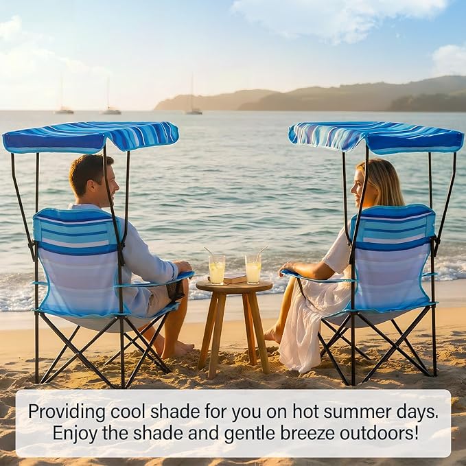 2 Pack Beach Chair with Canopy Shade Folding Camping Chairs with Canopy Portable Weather Resistant Lawn Chair with Cup Holder for Camping Beach Travel Picnic Fishing Sports