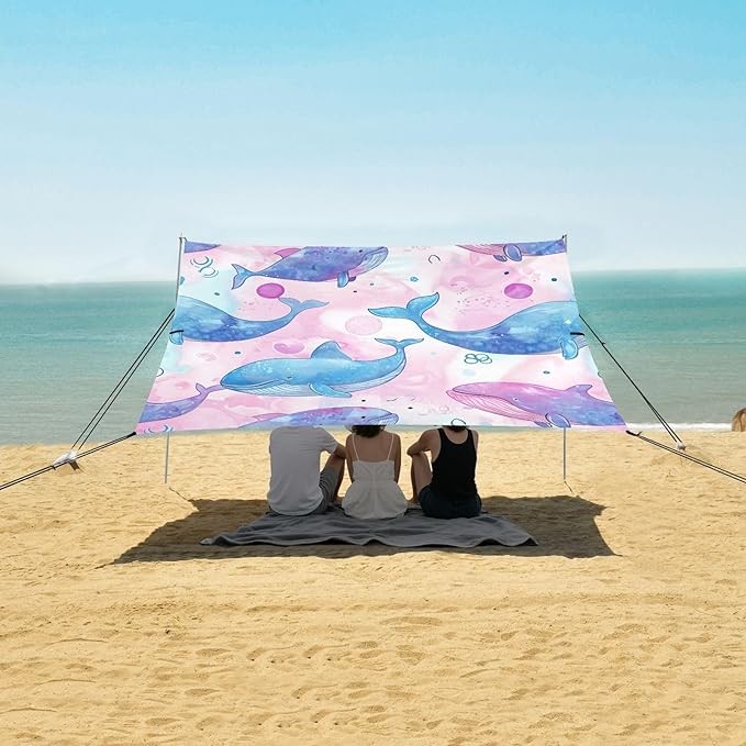 Pink and Blue Whales Beach Tent Sun Shelter 9.2' x 10.5' Beach Canopy with 4 Sandbags 4 Stability Poles Sand Shovels - Tent Canopy for Beach Camping Fishing Picnics