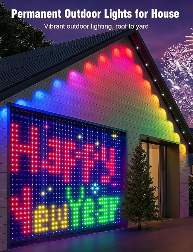 Permanent Outdoor Lights 250FT RGBIC LED Smart LED Lights App/Remote Control IP68 Waterproof for Holiday Decor 50 Scene Modes DIY Lights Color Lighting Timing for Christmas Halloween Party