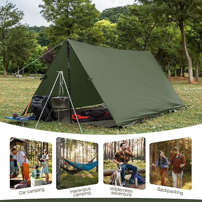 Camping Tarp Tent Portable Multifunctional Bushcraft Backpacking Tear-Resistant Fabric Rain Fly Tarps Awning Shelter Lightweight Waterproof Tarp(10×10 tarp)