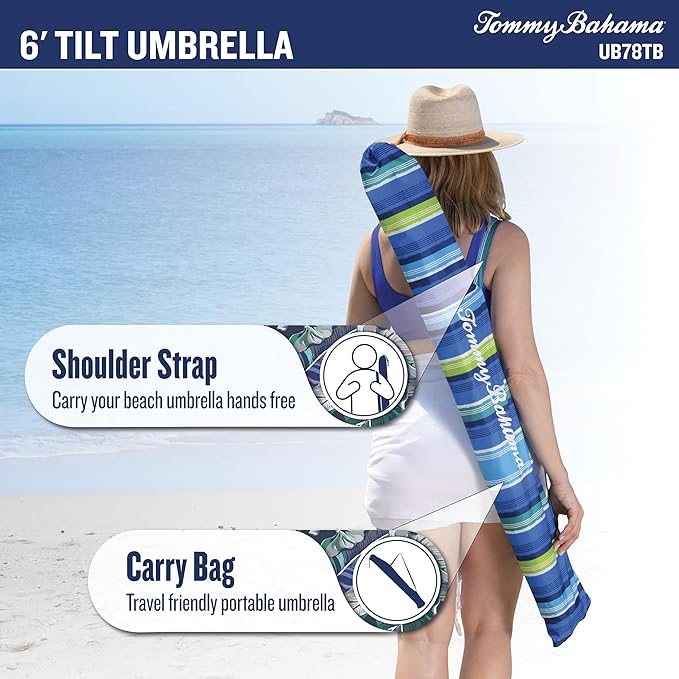 Tommy Bahama 6' UPF 50+ Tilt Beach Umbrella with Integrated Sand Anchor Wind Vent and Carry Bag
