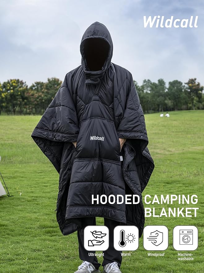 WildCall Hooded Camping Blanket with 3M Thinsulate Insulation Wearable Poncho Blanket Ultralight Foldable Quilt Sleeping Bag for Outdoor Hiking Stadium