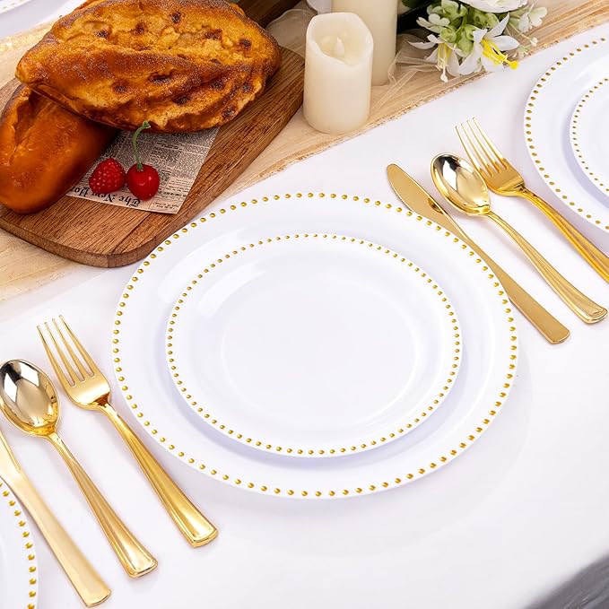 Rubtlamp 60Pcs White Gold Plastic Plates White Disposable Plates With Gold Beaded Heavyduty Plastic Plates Include 30 Dessert Platos 30 Dinner Platos for Party