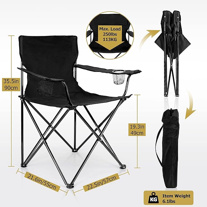 Leonyo 2Pcs Folding Camping Chairs Outdoor PortableLawn Chairs for Adults with Cup Holders Carrying Bag for Outside Beach Sports Hiking Black