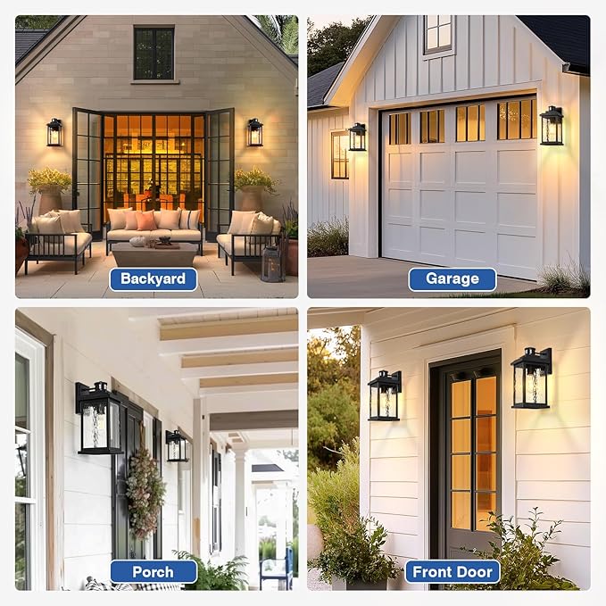 VIANIS 2 Pack Large Advanced Motion Sensor Outdoor Lights Black Easy-to-Install Dusk to Dawn Outdoor Wall Lights Aluminum Waterproof Porch Light with Water Glass for Porch Garden Front Door