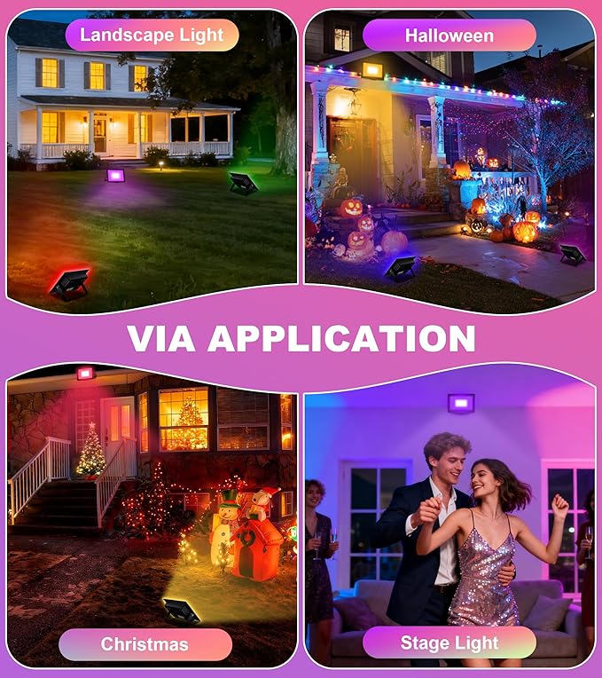 50W RGB Flood Light with Remote &amp 6.6Ft Cable Halloween RGB Floodlight IP66 Waterproof Color Changing Christmas Light 5000K White LED Floodlight Outdoor Uplights for Events 4 Pack