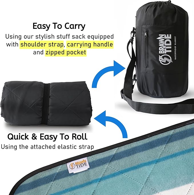 BRAWNTIDE Large Outdoor Waterproof Blanket - Extra Thick Fleece Warm Windproof Sandproof Quilted 82 x 55 Ideal for Beaches Picnics Camping Stadiums Dogs Car