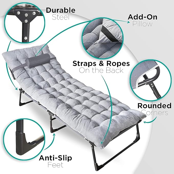ZONETECH Folding Cot &amp Pad Mattress 4 Position Adjustable Portable Premium Quality for Adult and Kids-Perfect for Camping Travel Patio Beach Indoor &amp Outdoor Activity (3-Pack)