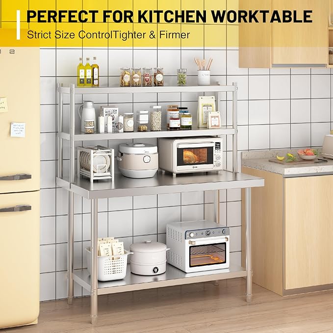 2-Tier Stainless Steel Work Table with Overshelves 47.2 W x 23.6 D x 31.5 H Heavy Duty Commercial Kitchen Prep Table for Restaurant Home Garage Warehouse