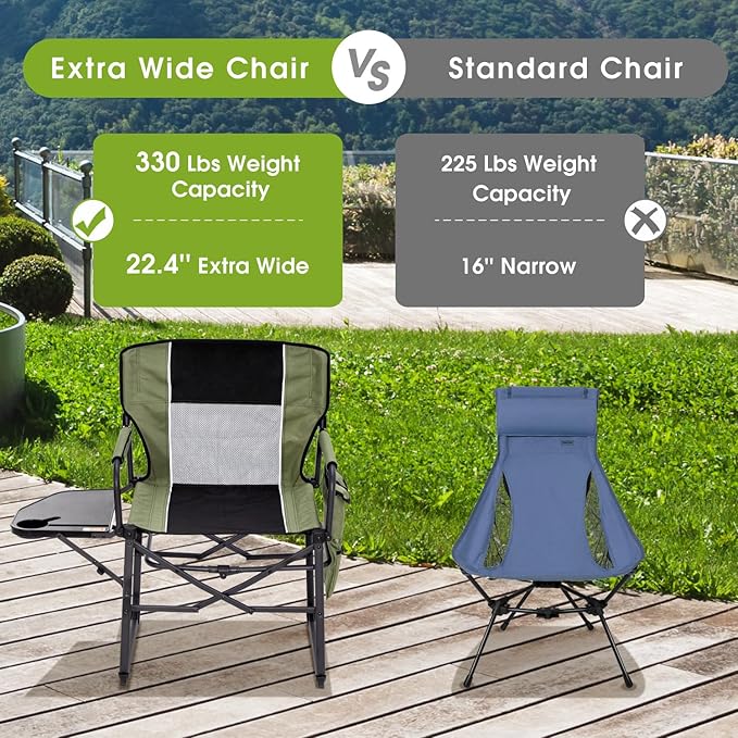 Wide Folding Director Chair with Table Outdoor Camping Chair for Adults with Cup Holder Load 330 Lbs Portable Lightweight Chair for Outside with Carry Bag for Patio Green-2Pack
