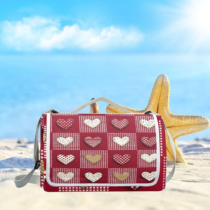 MNSRUU Picnic Blanket Waterproof Foldable Red White Checkered Heart Large Outdoor Picnic Beach Camping Blanket Travel Mat Shoulder Strap Tote Rectangle 57x59in