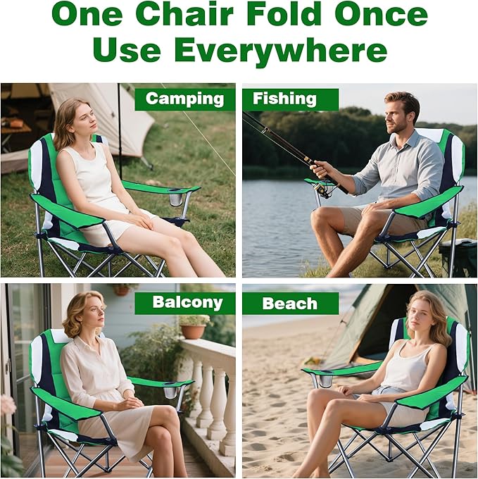 Camabel Folding Camping Chairs Hold Up 400lbs Extra Large Outdoor Lawn Chair Padded Sports Chair Lightweight Chairs for Beach Hiking Fishing BBQ Spectator with Storage Bag and Cup Holder Green