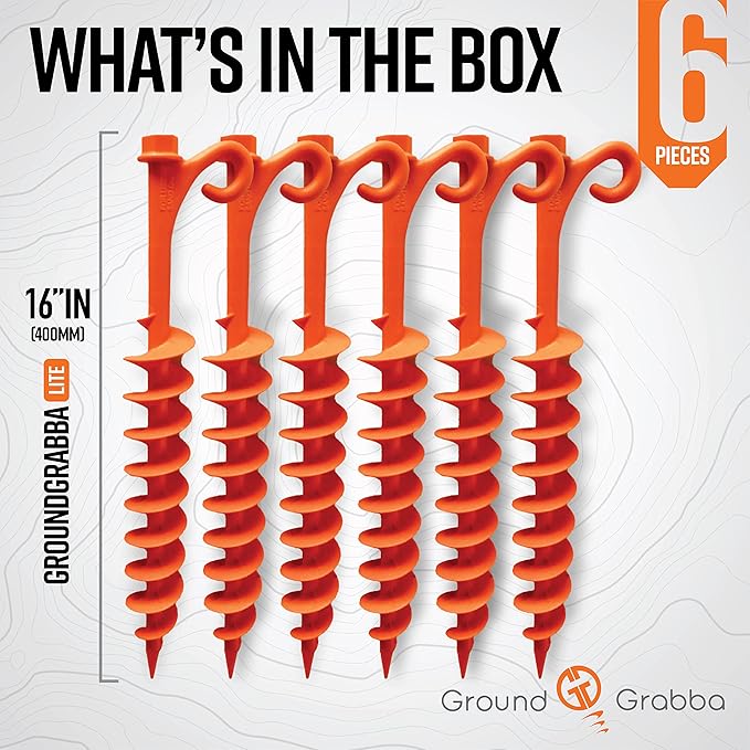GROUNDGRABBA Lite Orange Tent Stakes - Tent Stakes for Sand | Screw in Earth Ground Anchors for Maximum Grip and Longevity in Soft Surfaces - 6 Pack