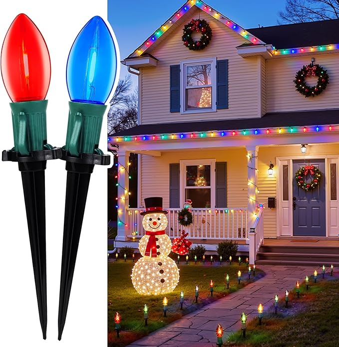 C9 Christmas Lights Outdoor 2 Packs Total 51.4 Ft Christmas Pathway Lights with 40 LED Bulbs and Stakes Outdoor Decorations Yard Walkway Sidewalk Holiday Multicolor