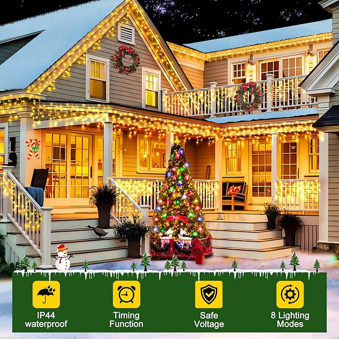 KNONEW 99ft 960 LED Christmas Lights Outdoor Decorations with 180 Drops 8 Modes Curtain Fairy Light Clear Wire LED String Light Indoor Decor for Wedding Party Christmas(Warm White)