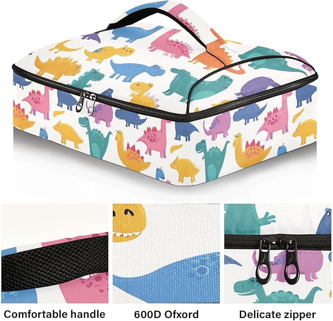 Casserole Carrier Cartoon Pattern DinosaurInsulated Casserole Carrier for Hot or Cold Food Thermal Lunch Tote for Potluck Parties Picnic Beach Fits 9 x 13 Inches Baking Dish