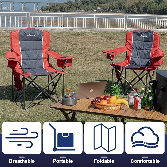 Romswi 2 Pack Oversized Camping Chairs for Adults 500LBS Heavy Duty Steel Folding Chair with Adjustable Elastic Armrests 38.5 Wide 600D Oxford Fabric 6-Can Cooler &amp Side Pockets for Outdoor Re