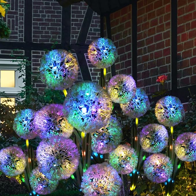 Solar Garden Lights Outdoor - Solar Flowers Lights Outdoor Decorative Waterproof Upgraded 40 Hours Dandelion Light Yard Pathway Solar Powered Lamp Cemetery Decorations Backyard Decor 4pcs