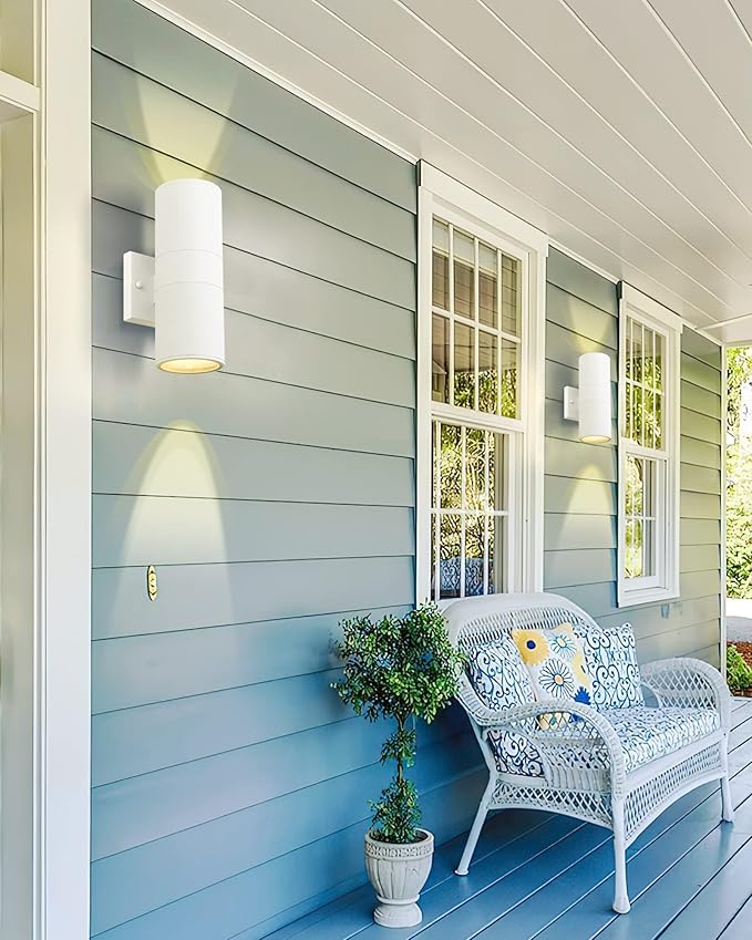Ken &amp Ricky White Outdoor Wall LightsExterior Sconces Wall Lighting with Tempered Glass CoverCylinder Outside Light for House Porch Garage Front Door - 2 Pack