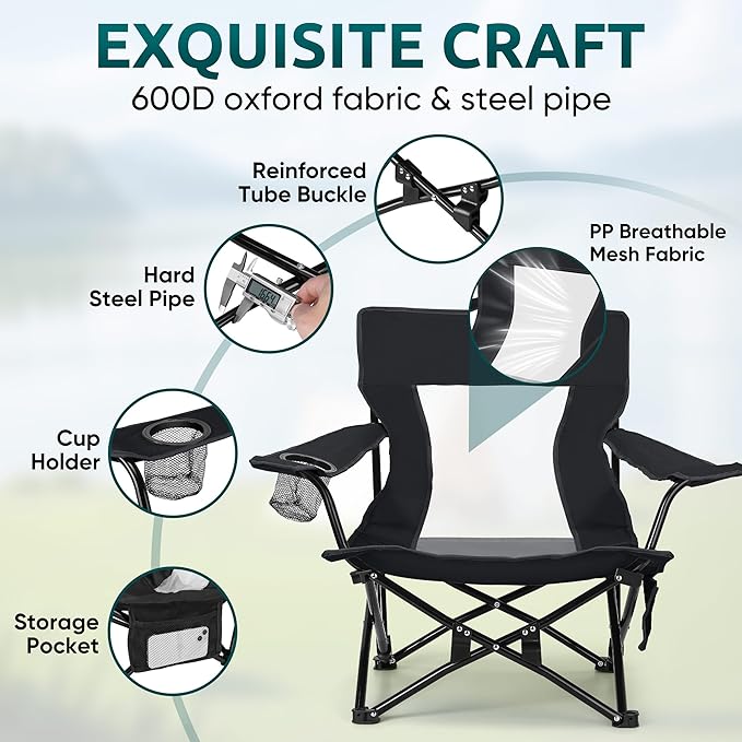 HaSteeL Folding Beach Chair Set of 2 Foldable Black Camping Chairs for Outside Low Beach Chair Portable for Adults Fishing Picnic Outdoor BBQ Travel Sports Cup Holder &amp Storage Bag
