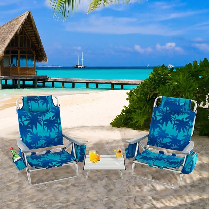 Giantex Folding Beach Chair Patio Sling Chairs with 5 Adjustable Position Head Pillow Storage Bag Towel Bar Cup Holders Backpack Chairs for Sunbathing Camping Chair