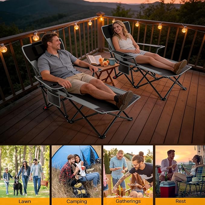 Suteck Camping Chair with Foot Rest Lightweight Foldable Beach Chairs Adjustable 90°- 140°Reclining Lounge Chair Heavy Duty Outdoor Chairs for Outside with Detachable Pillow &amp Carry Bag Black