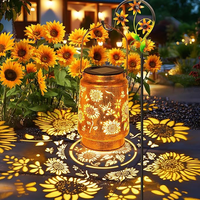 Sunflower Solar Lanterns Outdoor Waterproof Gifts for Women Mom Grandma Birthday Metal Hanging Lantern Solar Lights LED Decoration with Shepherd Hook Outside for Yard Patio Porch Garden Decor