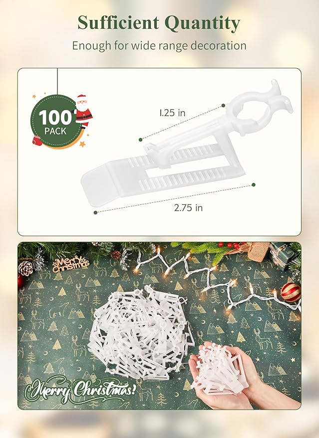 Minetom 100 Pack All-in-One Christmas Light Clip for C7 C9 Christmas String Lights Christmas Light Plastic Clips for Roof and Gutter Shingle Clips Outdoor