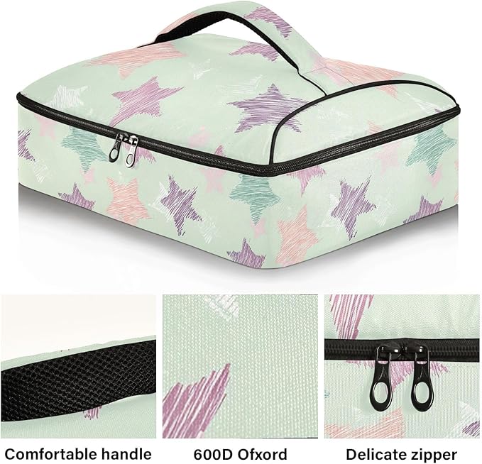 Casserole Carrier Green Stars PatternInsulated Casserole Carrier for Hot or Cold Food Thermal Lunch Tote for Potluck Parties Picnic Beach Fits 9 x 13 Inches Baking Dish