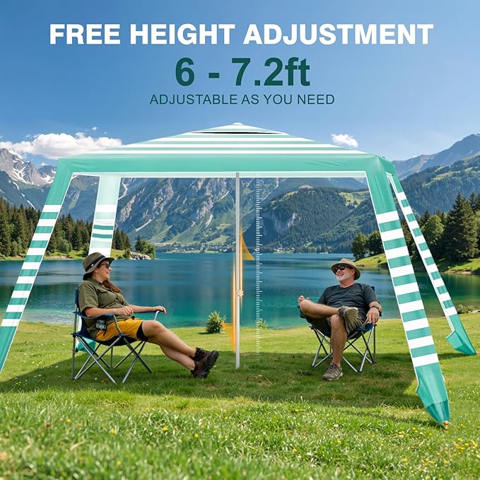 Rhino Valley Beach Cabana 8 * 8FT Beach Tent UPF50+ Protection Easy Setup Beach Canopy Wind Resistant with Cup Holder Compact Beach Shade Foldable Beach Tent Sun Shelter Green White
