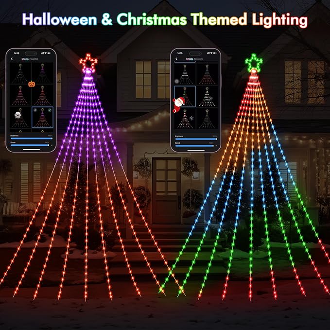 12FT Outdoor Christmas Decorations Smart RGB Color Changing Christmas Hanging Waterfall String Lights APP Remote Control DIY Multi-Color Lightshow Music Sync Outside Xmas Lights Decor