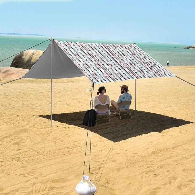 ALAZA Boho Stripe Tribal Beach Tent Sun Shelter UPF50+ Protection Beach Shade Canopy w/ 4 Sandbags for Outdoor Camping Fishing Backyard Fun Picnic 10x9 ft